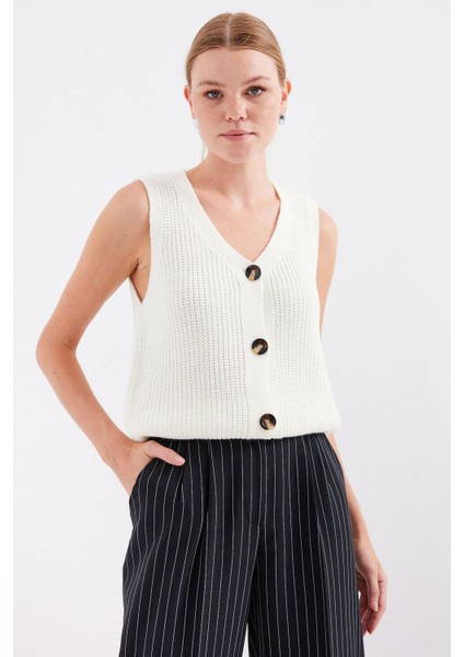 Kadın BDART Desenli V-Yaka Düğmeli Yelek Natural