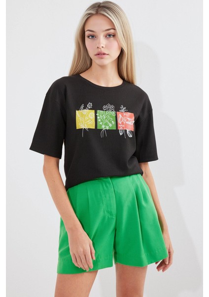 Kadın BDART Baskılı Yuvarlak Yaka T-Shirt Black