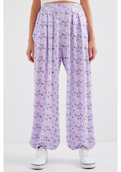 Kadın BDART Çiçek Desenli Geniş Paça Rahat Pantolon Purple