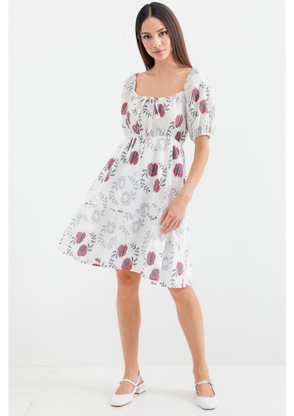 Kadın BDART Kare Yaka ve Fiyonk Detaylı Çiçekli Mini Elbise Fildişi Doğal