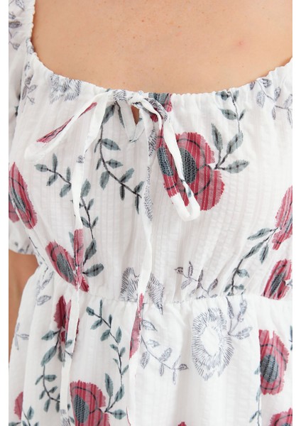 Kadın BDART Kare Yaka ve Fiyonk Detaylı Çiçekli Mini Elbise Fildişi Doğal