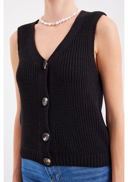 Kadın BDART Desenli V-Yaka Düğmeli Yelek Black