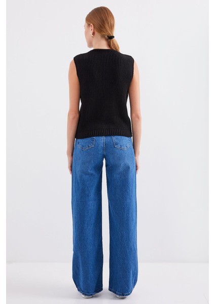 Kadın BDART Desenli V-Yaka Düğmeli Yelek Black