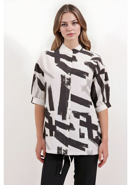 Kadın BDART Cep Detaylı, Abstrakt Desenli Rahat Kesim Gömlek Black