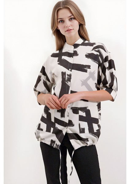 Kadın BDART Cep Detaylı, Abstrakt Desenli Rahat Kesim Gömlek Black fiyatları