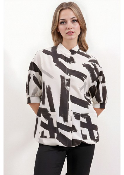 Kadın BDART Cep Detaylı, Abstrakt Desenli Rahat Kesim Gömlek Black modelleri