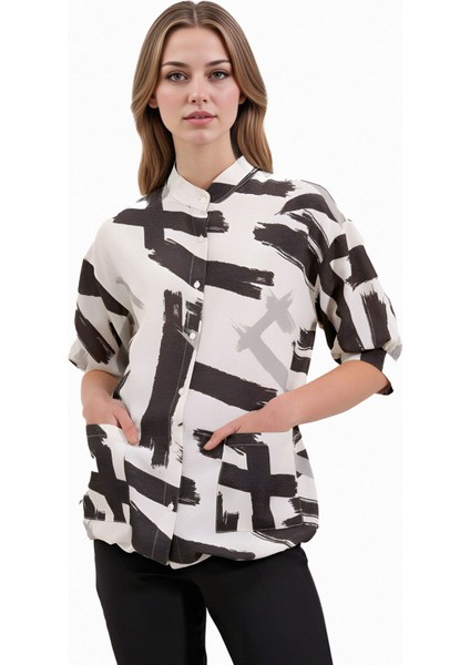 Kadın BDART Cep Detaylı, Abstrakt Desenli Rahat Kesim Gömlek Black fırsatları