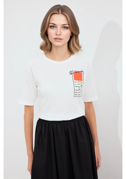 Kadın BDART Baskılı Yuvarlak Yaka Kısa Kollu Tişört Parlak Turuncu