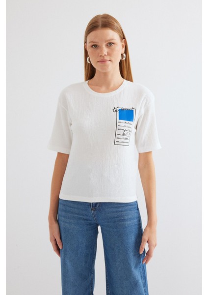 Kadın BDART Baskılı Yuvarlak Yaka Kısa Kollu Tişört Maya Mavisi indirimleri