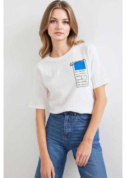 Kadın BDART Baskılı Yuvarlak Yaka Kısa Kollu Tişört Maya Mavisi