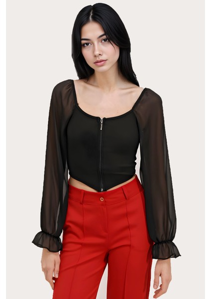 Kadın BDART Kare Yaka, Sıfırlı Kısa Bluz Siyah