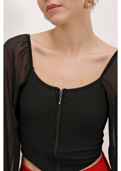 Kadın BDART Kare Yaka, Sıfırlı Kısa Bluz Siyah