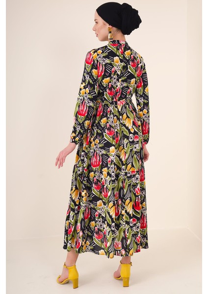 Kadın BDART Çiçek Desenli Düğmeli Maxi Elbise Black