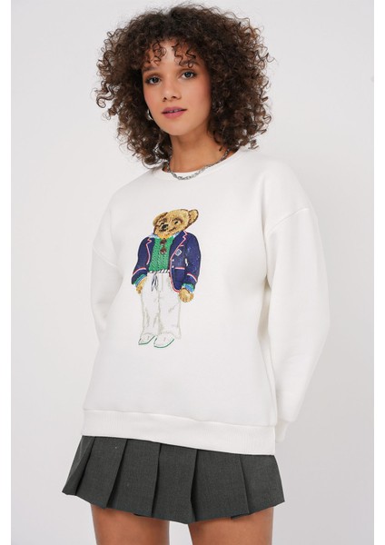Kadın BDART Oversized Baskılı Düz Crew Neck Sweatshirt, Nakışlı Beyaz
