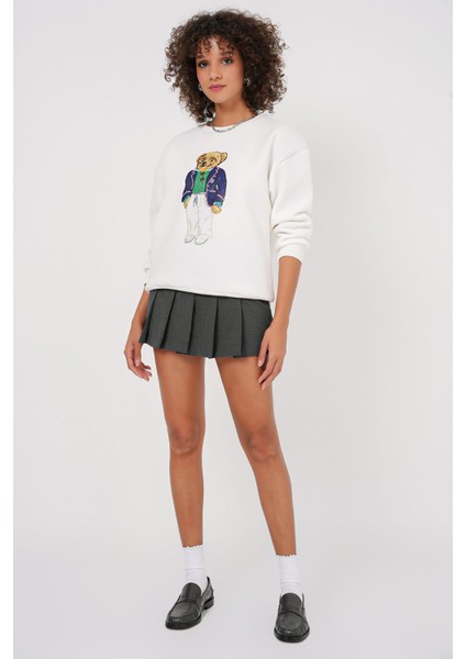 Kadın BDART Oversized Baskılı Düz Crew Neck Sweatshirt, Nakışlı Beyaz