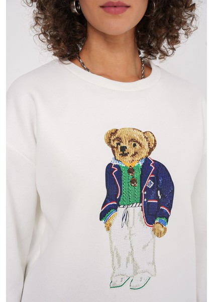 Kadın BDART Oversized Baskılı Düz Crew Neck Sweatshirt, Nakışlı Beyaz