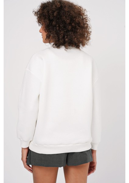 Kadın BDART Oversized Baskılı Düz Crew Neck Sweatshirt, Nakışlı Beyaz