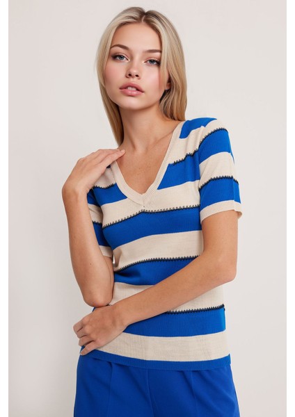 Kadın BDART Çizgili V Yaka Fitilli Bluz Kobalt Mavisi