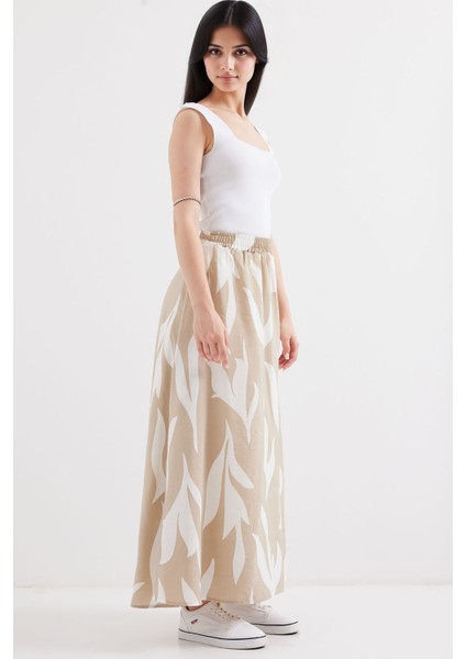 Kadın BDART Lastik Bel Detaylı Desenli Maxi Etek Natural