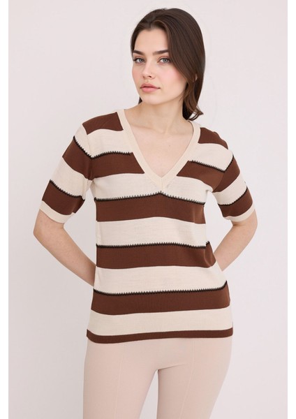 Kadın BDART Çizgili V Yaka Fitilli Bluz Kestane Kahvesi fırsatları