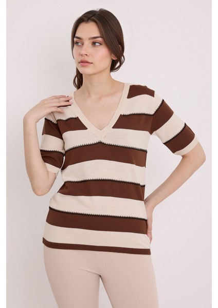 Kadın BDART Çizgili V Yaka Fitilli Bluz Kestane Kahvesi