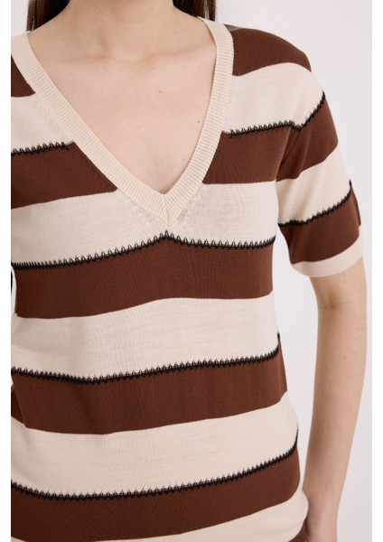 Kadın BDART Çizgili V Yaka Fitilli Bluz Kestane Kahvesi