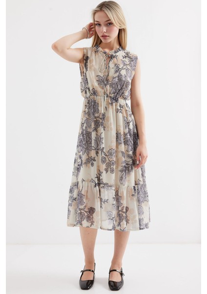 Kadın BDART Çiçek Desenli Midi Elbise ile Kemer Kömür Grisi