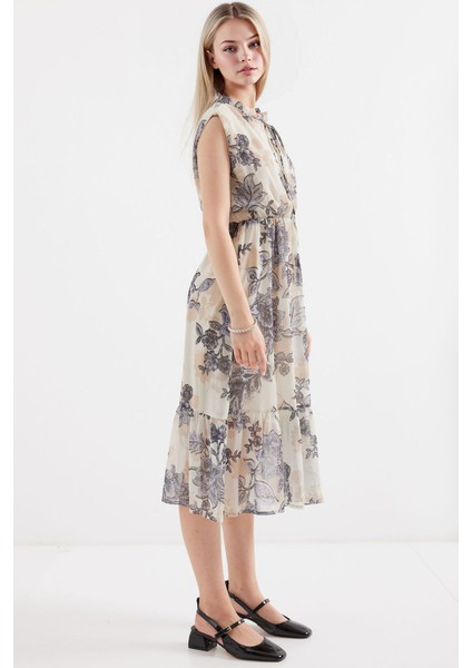 Kadın BDART Çiçek Desenli Midi Elbise ile Kemer Kömür Grisi