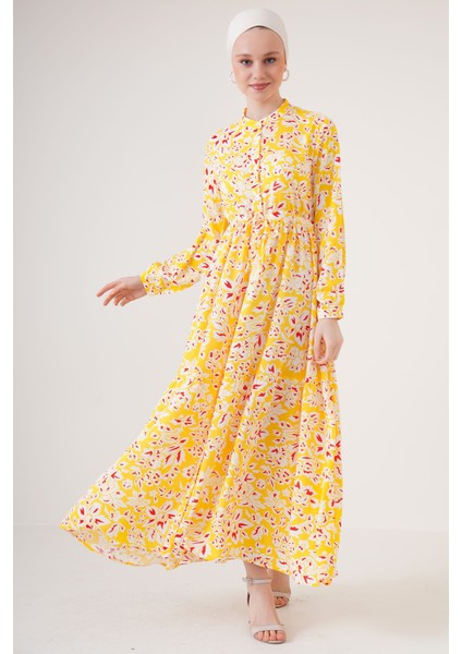 Kadın BDART Çiçek Desenli Düğmeli Maxi Elbise Yellow