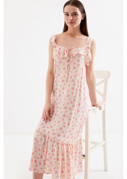 Kadın BDART Kare Yaka ve Volan Detaylı Maxi Elbise Karanfil Pembesi