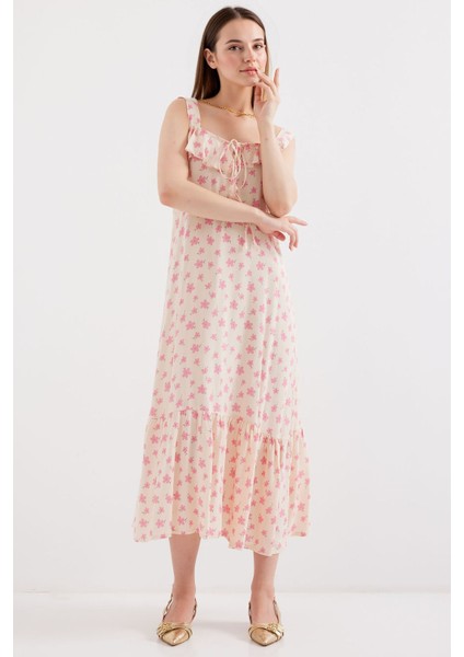 Kadın BDART Kare Yaka ve Volan Detaylı Maxi Elbise Karanfil Pembesi