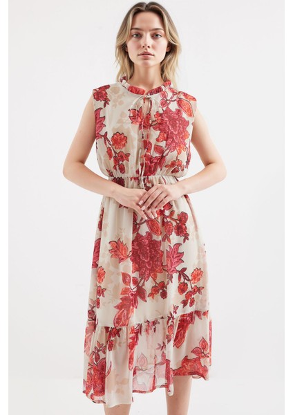 Kadın BDART Çiçek Desenli Midi Elbise ile Kemer Red indirimleri