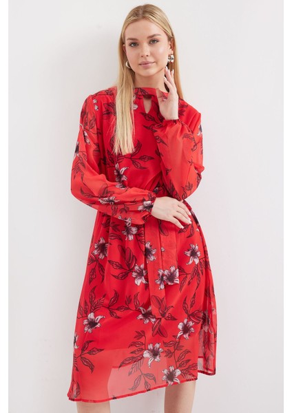 Kadın BDART Çiçek Desenli Midi Elbise ile Çekmeli Kırmızı indirimleri