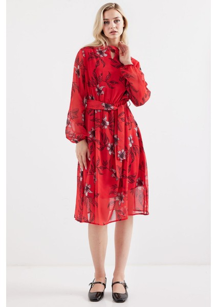 Kadın BDART Çiçek Desenli Midi Elbise ile Çekmeli Kırmızı