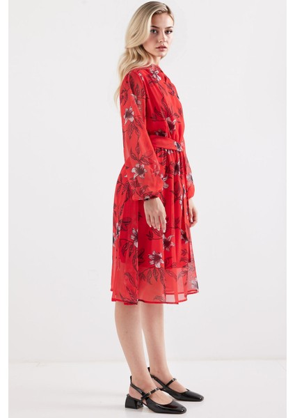 Kadın BDART Çiçek Desenli Midi Elbise ile Çekmeli Kırmızı