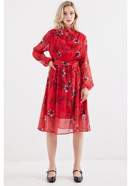 Kadın BDART Çiçek Desenli Midi Elbise ile Çekmeli Kırmızı