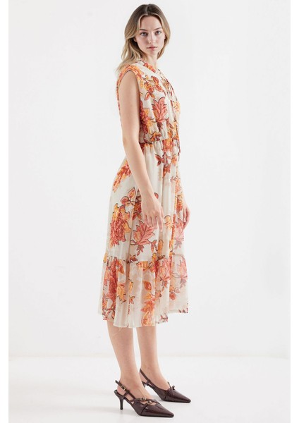 Kadın BDART Çiçek Desenli Midi Elbise ile Kemer Red