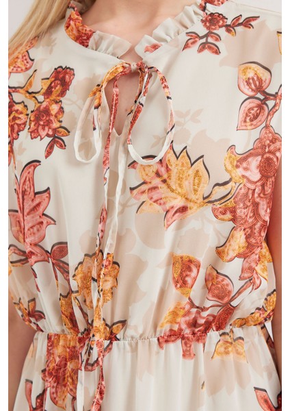 Kadın BDART Çiçek Desenli Midi Elbise ile Kemer Red