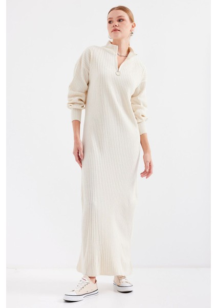 Kadın BDART Yarım Kıyafetli Düğmeli Dokulu Örgü Elbise Krem Doğal