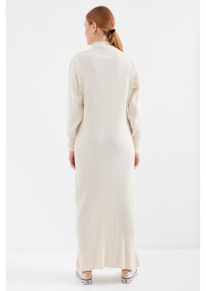 Kadın BDART Yarım Kıyafetli Düğmeli Dokulu Örgü Elbise Krem Doğal