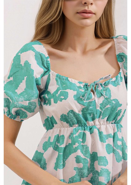 Kadın BDART Kemerli Kısa Mini Elbise ile Kare Yaka Nane Yeşili