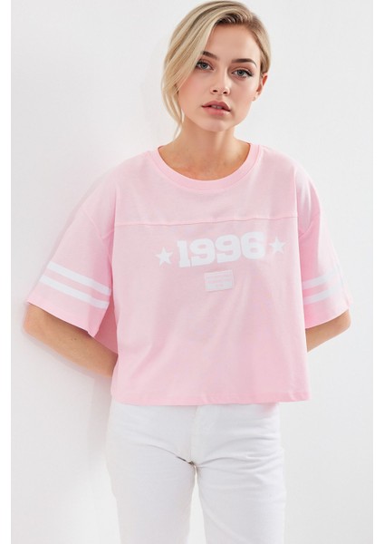 Kadın BDART Oversize Yuvarlak Yaka Kısa Tişört, Motto Baskılı Karanfil Pembesi indirimleri