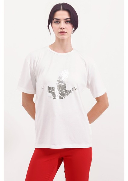 Kadın BDART Baskılı Yuvarlak Yaka Kısa Kollu T-Shirt Gümüş Gri