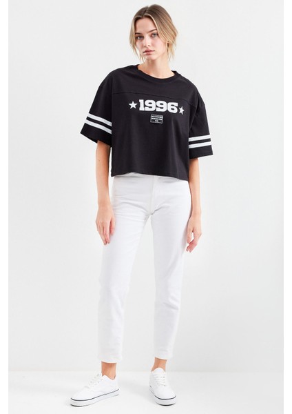 Kadın BDART Oversize Yuvarlak Yaka Kısa Tişört, Motto Baskılı Siyah