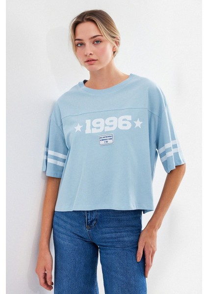 Kadın BDART Oversize Yuvarlak Yaka Kısa Tişört, Motto Baskılı Blue