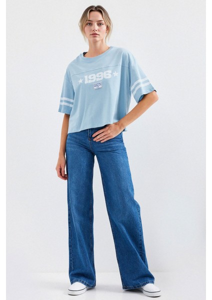 Kadın BDART Oversize Yuvarlak Yaka Kısa Tişört, Motto Baskılı Blue