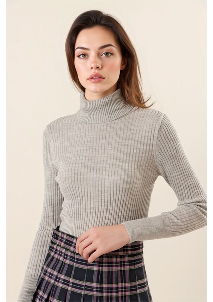 Kadın BDART Dokulu Yüksek Yaka Dar Triko Gri indirimleri