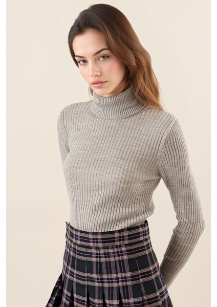 Kadın BDART Dokulu Yüksek Yaka Dar Triko Gri