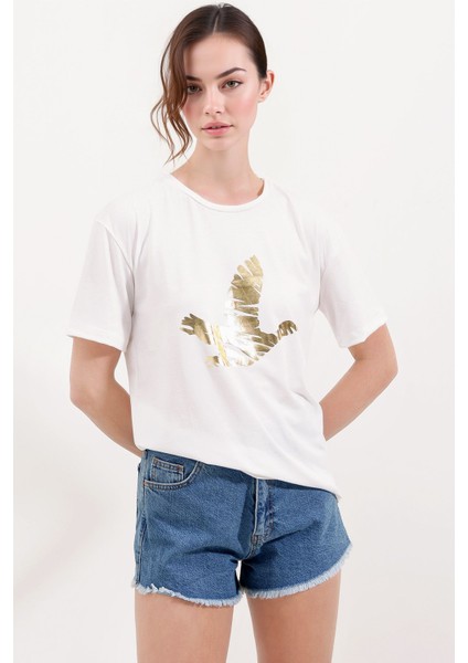 Kadın BDART Baskılı Yuvarlak Yaka Kısa Kollu T-Shirt Kehribar Sarısı