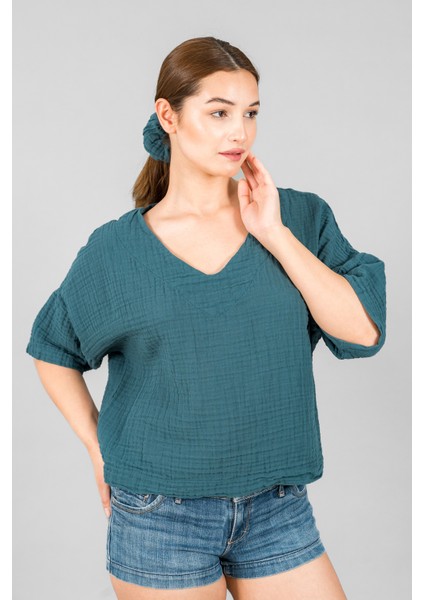 Müslin Kadın V Yaka Kısa Kol Bluz